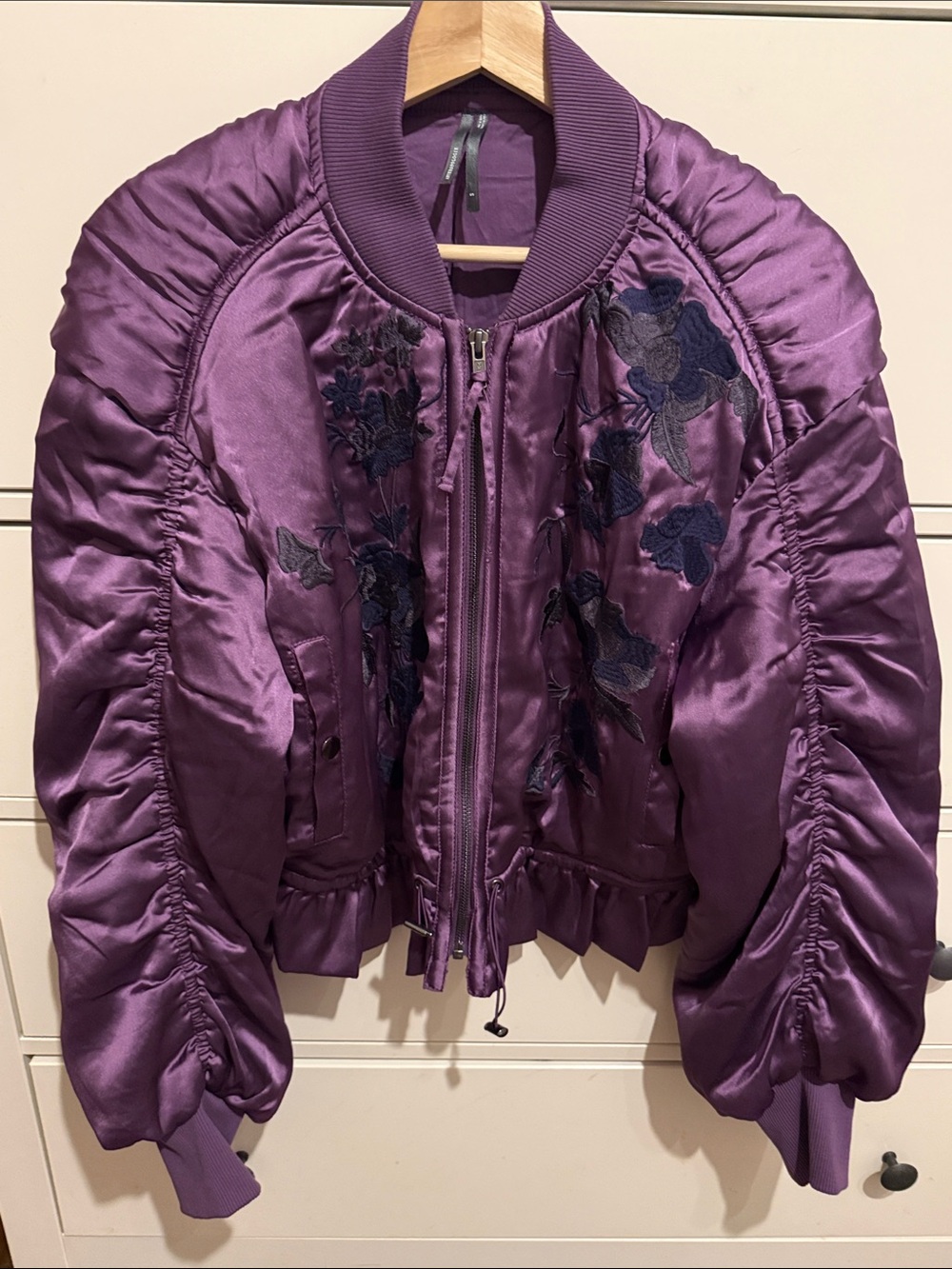 Anthropologie Purple Satin Bomber Jacket with Floral Embroidery